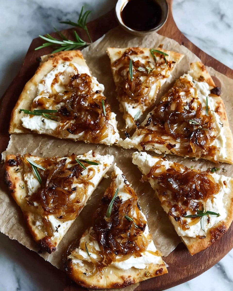 A rustic oval-shaped flatbread pizza cut into two slices sits on a white plate with a speckled gray texture. The flatbread crust is golden brown with a slightly crispy edge. On top, there is a mix of caramelized brown onions and dark green leafy vegetables spread unevenly. Creamy white dollops of soft cheese are scattered across the surface, along with a few small green herb leaves and light brown sunflower seeds sprinkled on top. The plate is placed on a white marbled surface with a hint of a white cloth partially visible underneath. Photo taken with an iphone --ar 4:5 --v 7