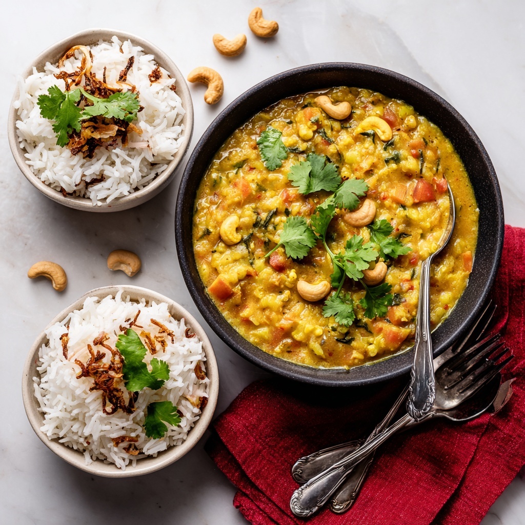 A large white bowl filled with a thick yellow curry containing visible orange cubes, green leafy pieces, cashew nuts, and lentils, topped with fresh green cilantro leaves, placed on a white marbled surface. To its right, a smaller white bowl holds fluffy white rice garnished with dark brown fried onions. Below, another white bowl contains a serving of the curry layered on top of the white rice, with more fresh cilantro on top and a silver spoon resting inside the bowl. A red cloth napkin lies underneath the smaller bowls, with three silver spoons and a fork arranged on the white marbled surface next to it. Scattered cashew nuts add detail to the setting. photo taken with an iphone --ar 4:5 --v 7