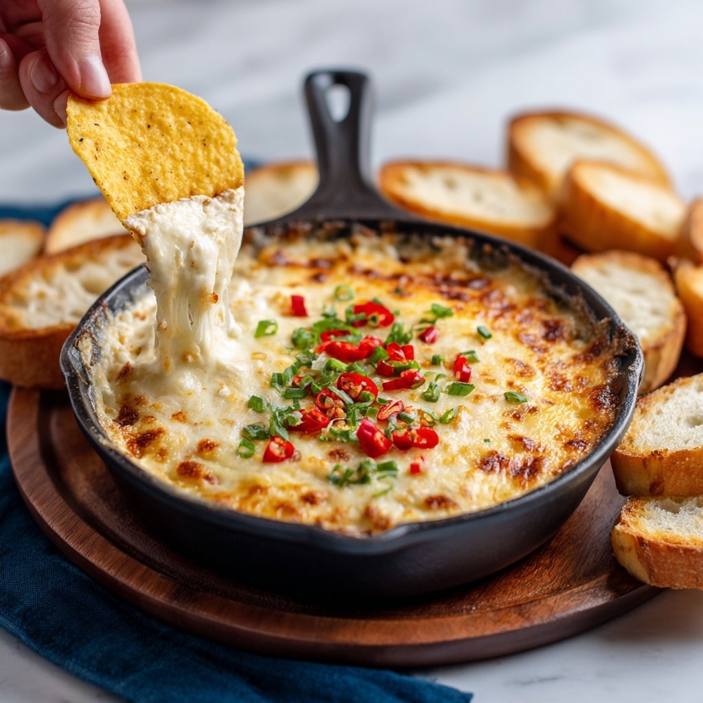 A yellow tortilla chip is held by a woman's hand above a white bowl filled with creamy, melted cheese dip mixed with small chunks of red tomato and green jalapeño slices. The cheese dip has a smooth orange-yellow color with bits of red chili flakes and green herbs spread throughout. The background is a white marbled texture with scattered herbs and red chili flakes. photo taken with an iphone --ar 4:5 --v 7
