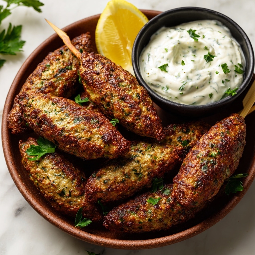 A close-up of a brown bowl filled with six browned chicken pieces on top of a layer of creamy white yogurt sauce with green herbs mixed in. The chicken has a charred, crispy texture with visible dark grill marks and is sprinkled with fresh green cilantro leaves. The bowl is placed on a white marbled surface with some green herbs slightly blurred in the background. Photo taken with an iphone --ar 4:5 --v 7