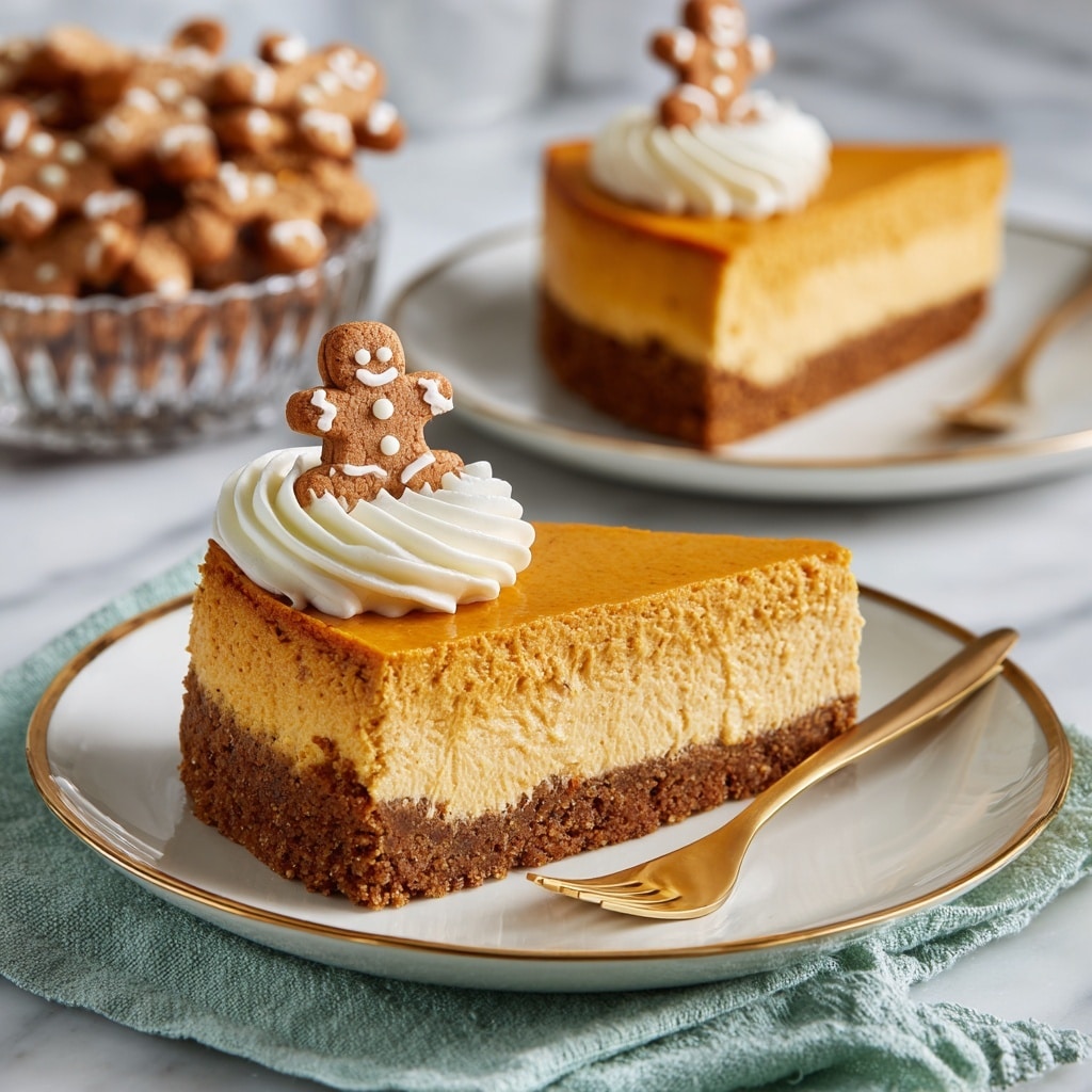A slice of layered pumpkin cheesecake is placed on a white round plate with gold trim, set on a white marbled surface. The cheesecake has two layers: a smooth, thick orange pumpkin layer on top and a darker brown crunchy crust at the bottom. On top of the slice, there is a swirl of white cream decorated with a small gingerbread man cookie. Next to the plate is a gold fork and a light green cloth napkin. In the background, there is a glass bowl filled with more gingerbread cookies and another slice of the cheesecake on a white plate, softly blurred. Photo taken with an iphone --ar 4:5 --v 7