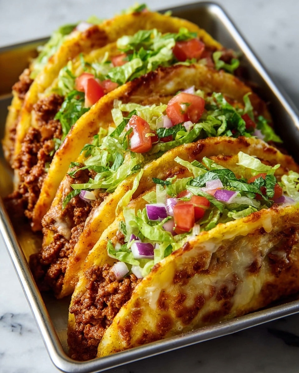 The image shows three tacos placed next to each other in a silver tray on a white marbled surface. Each taco has a golden, slightly crispy shell with melted cheese baked on the outside, showing a bubbly and browned texture. Inside, there is a layer of cooked ground meat with a rich, brown color and slightly crumbly texture. On top of the meat, fresh green lettuce pieces are scattered along with small chunks of red tomato and diced purple onion, adding a fresh and colorful contrast. The tacos are filled generously, making them look full and inviting. photo taken with an iphone --ar 4:5 --v 7
