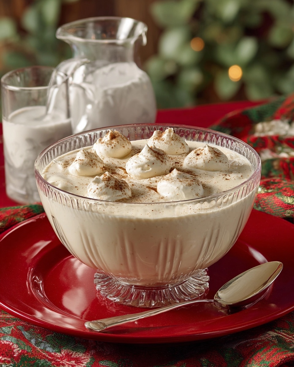 A large clear glass bowl filled with a creamy white mixture topped with four rounded dollops of whipped cream sprinkled with light brown cinnamon powder. The bowl is placed on a shiny red plate with a smooth texture, and a large silver spoon lies beside it. In the background, two clear glass pitchers with white liquid and a white marbled surface are partially visible. The setting includes a red and green patterned cloth and some green leaves blurred out in the distance. photo taken with an iphone --ar 4:5 --v 7