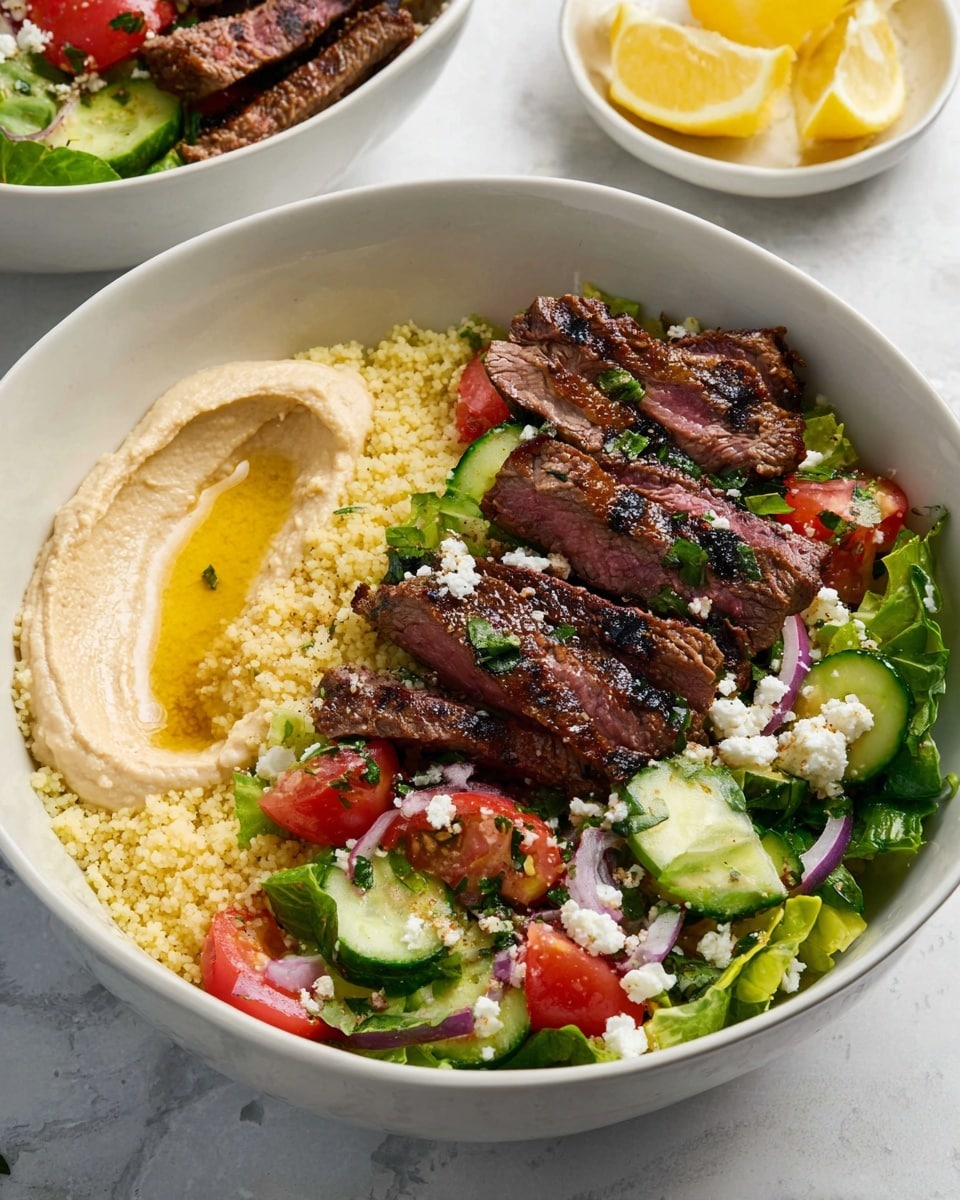A white bowl holds a layered dish starting with a base of light yellow couscous covered partially by creamy beige hummus with a drizzle of golden olive oil on the left side. On top of the couscous and hummus, there is a mix of fresh salad made of bright green lettuce, irregularly chopped cucumber slices with dark green skin, chunks of red tomato, and bits of red onion. Several slices of grilled steak, showing charred black edges and a pink juicy center, rest on one side of the salad, sprinkled with white crumbled feta cheese and small green herb pieces. In the background, there is a small white bowl with lemon wedges on a white marbled surface. photo taken with an iphone --ar 4:5 --v 7