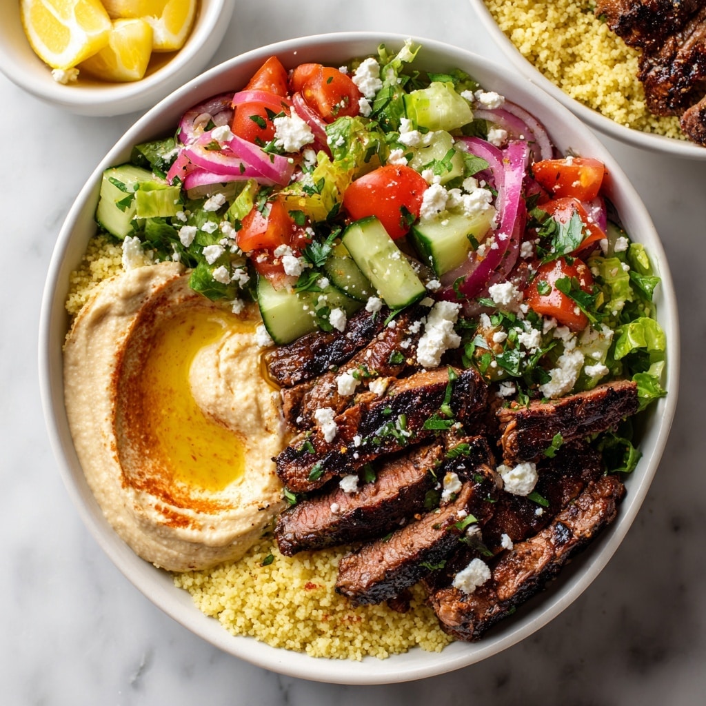 A white bowl with four layers in a white marbled background: the bottom layer is light-colored rice, topped with green lettuce and sliced cucumber on one side; next, there are small roasted orange tomatoes with a slightly charred look; above this, thin slices of medium-rare pink steak are arranged in the center; the top layer features a drizzle of white sauce and small white feta cheese pieces sprinkled evenly on top. Photo taken with an iphone --ar 4:5 --v 7