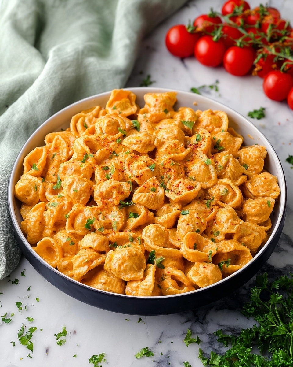 A close-up view of a deep white bowl filled with many pieces of orecchiette pasta covered in a creamy orange sauce. The pasta pieces are small with curved shapes and slightly dimpled textures, each generously coated with the smooth sauce, creating a rich and thick layer. Scattered on top and throughout the pasta are small bits of green herbs, adding a fresh contrast to the orange color. In the background, a bunch of red cherry tomatoes with green stems rest on a white marbled surface, giving a pop of bright red color. photo taken with an iphone --ar 4:5 --v 7