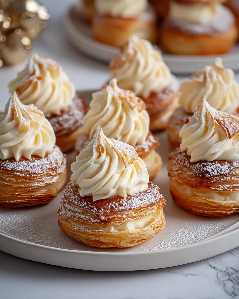 On a white plate with a thin gold rim, there are six round pastries arranged in a circle and one pastry cut in half to reveal the inside. Each pastry has a golden-brown flaky base dusted lightly with white powdered sugar. On top of each base, there is a thick swirl of creamy white frosting with a smooth texture. The cut pastry shows three layers: a light golden flaky outer shell, a thick creamy middle filling that is pale yellow, and a hollow air pocket between the layers of pastry. The plate sits on a white marbled surface. photo taken with an iphone --ar 4:5 --v 7