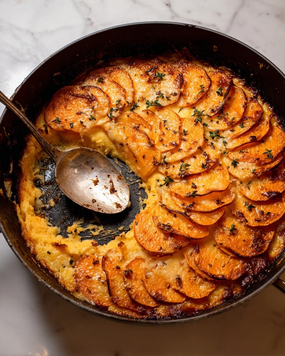 A round baking dish filled with a layered sweet potato gratin, showing at least two visible layers of thinly sliced orange sweet potatoes arranged in a circular pattern around the edge and center of the dish. The top layer is golden brown with spots of caramelized cheese and sprinkled green herbs. The texture looks creamy and slightly bubbly with browned edges. A woman's hands wrapped in a brown and white striped cloth hold the dish on a white marbled surface, with pieces of cheese, whole nutmegs in a small white bowl, and two whole sweet potatoes around it. Photo taken with an iphone --ar 4:5 --v 7