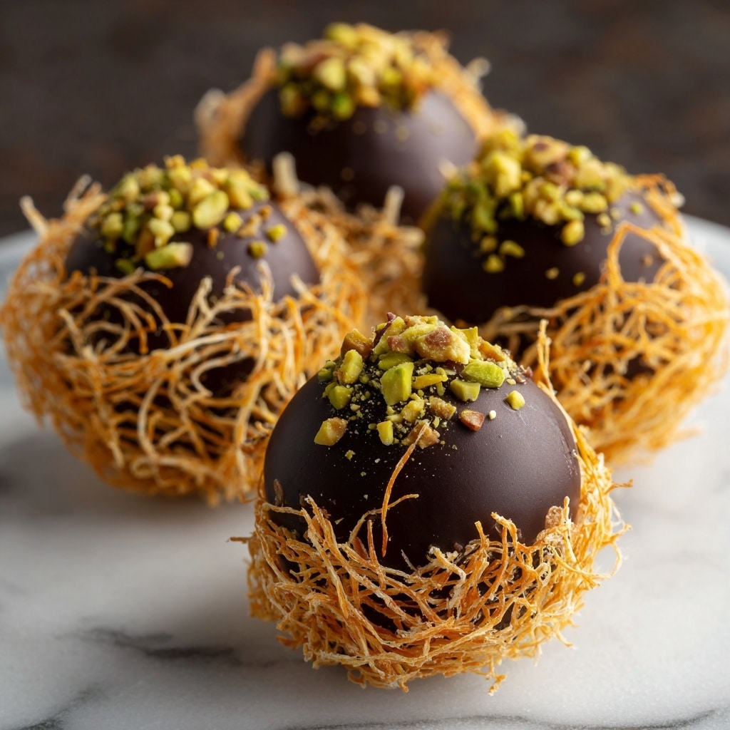 A close-up image of four round dessert balls arranged in a group on a white marbled surface, each ball coated in smooth dark chocolate with a thin outer layer of delicate golden nest-like strands, resembling shredded pastry, wrapped around them. The top of each ball is decorated with small green nuts or seeds. One ball in the foreground is cut in half, revealing a layered interior with a vibrant green crumbly filling inside, surrounded by a solid dark chocolate shell. The image has warm lighting with a blurred dark brown background. photo taken with an iphone --ar 4:5 --v 7