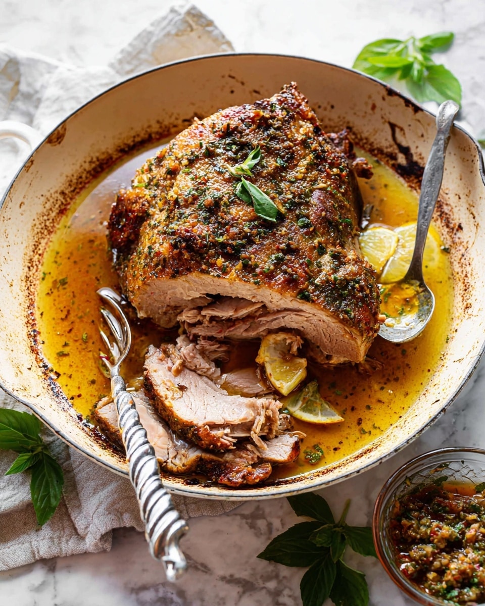 A large piece of roasted meat with a crispy, brown, herb-crusted top layer sits in the center of a white cast iron pan with browned edges. The main meat layer beneath the crust is light brown and tender, with some slices cut and pulled away at the bottom left, showing a soft and juicy texture. The meat rests in a shallow pool of golden-brown sauce with visible herbs and spices floating in it. A thin slice of yellow lemon peeks out from under the meat near the bottom right. Fresh green basil and parsley leaves are scattered around the pan on a white marbled surface. A silver fork with a twisted handle holds a piece of meat at the bottom left, and a large spoon rests on the right side inside the pan. In the background, a small glass bowl contains a chunky, brownish-green sauce. photo taken with an iphone --ar 4:5 --v 7