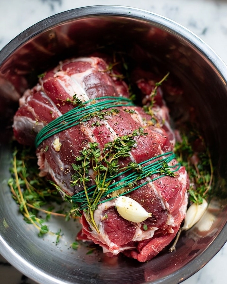 A close-up of a large piece of raw meat tied tightly with green kitchen twine, stuffed with fresh green thyme sprigs and garlic cloves. The meat is marbled with white fat, showing deep red muscle layers, and it is seasoned with coarse salt and black pepper. The tied meat rests inside a shiny stainless steel bowl with a few loose thyme sprigs scattered below. The background is a white marbled texture. Photo taken with an iphone --ar 4:5 --v 7