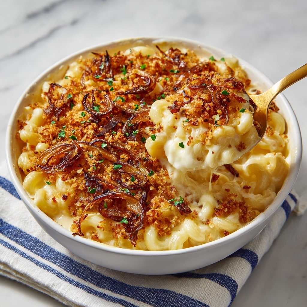A close-up view of a cast-iron skillet filled with creamy macaroni and cheese topped with a golden-brown crumb crust and caramelized onions, garnished with small green herbs. The macaroni layer is smooth and pale yellow, covered by a thick layer of browned crispy crumbs and dark, glossy onion pieces. A golden spoon digs into the skillet, lifting a scoop of cheesy, gooey pasta, showing the soft creamy texture underneath. The skillet rests on a white cloth with blue stripes on a white marbled surface. Photo taken with an iphone --ar 4:5 --v 7
