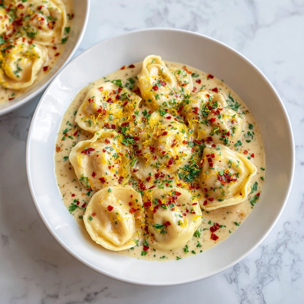 A white plate filled with a creamy sauce-covered tortellini pasta with about two layers of tortellinis visible, each tortellini having a soft, smooth texture, with a shiny, light beige sauce that looks thick and rich, sprinkled with cracked black pepper and small thin yellow cheese strips scattered on top, a silver fork placed on the right side of the plate, all set on a white marbled texture surface photo taken with an iphone --ar 4:5 --v 7
