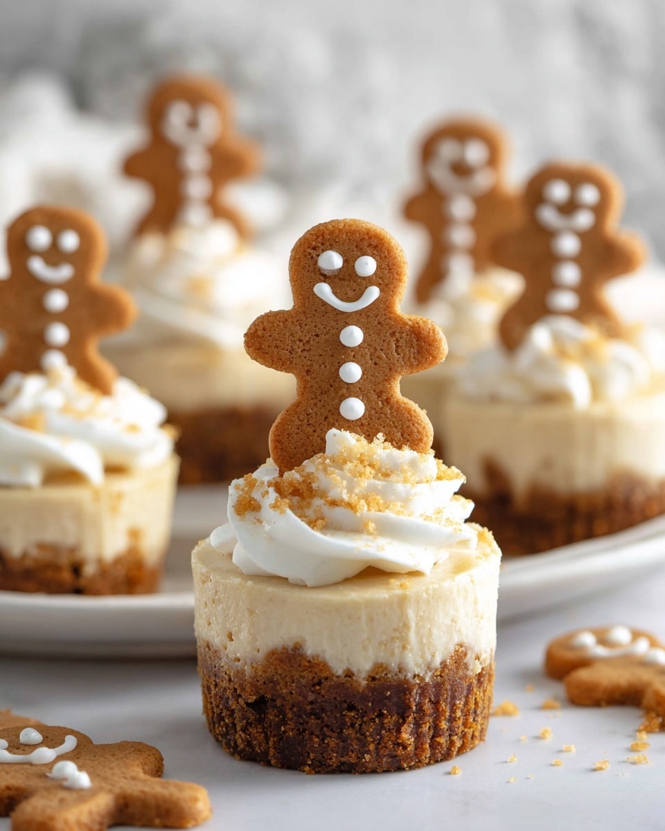 The image shows a close-up of a mini cheesecake with three layers: a crumbly dark brown crust at the bottom, a dense light brown cheesecake layer in the middle, and a fluffy white whipped cream topping sprinkled with small brown crumbs. The cheesecake is set on a white paper cupcake liner that is partially peeled away, with a shiny silver fork lying next to it. In the blurry background, there are more mini cheesecakes topped with whipped cream and decorated with small gingerbread cookies. The whole scene is on a white marbled surface. photo taken with an iphone --ar 4:5 --v 7