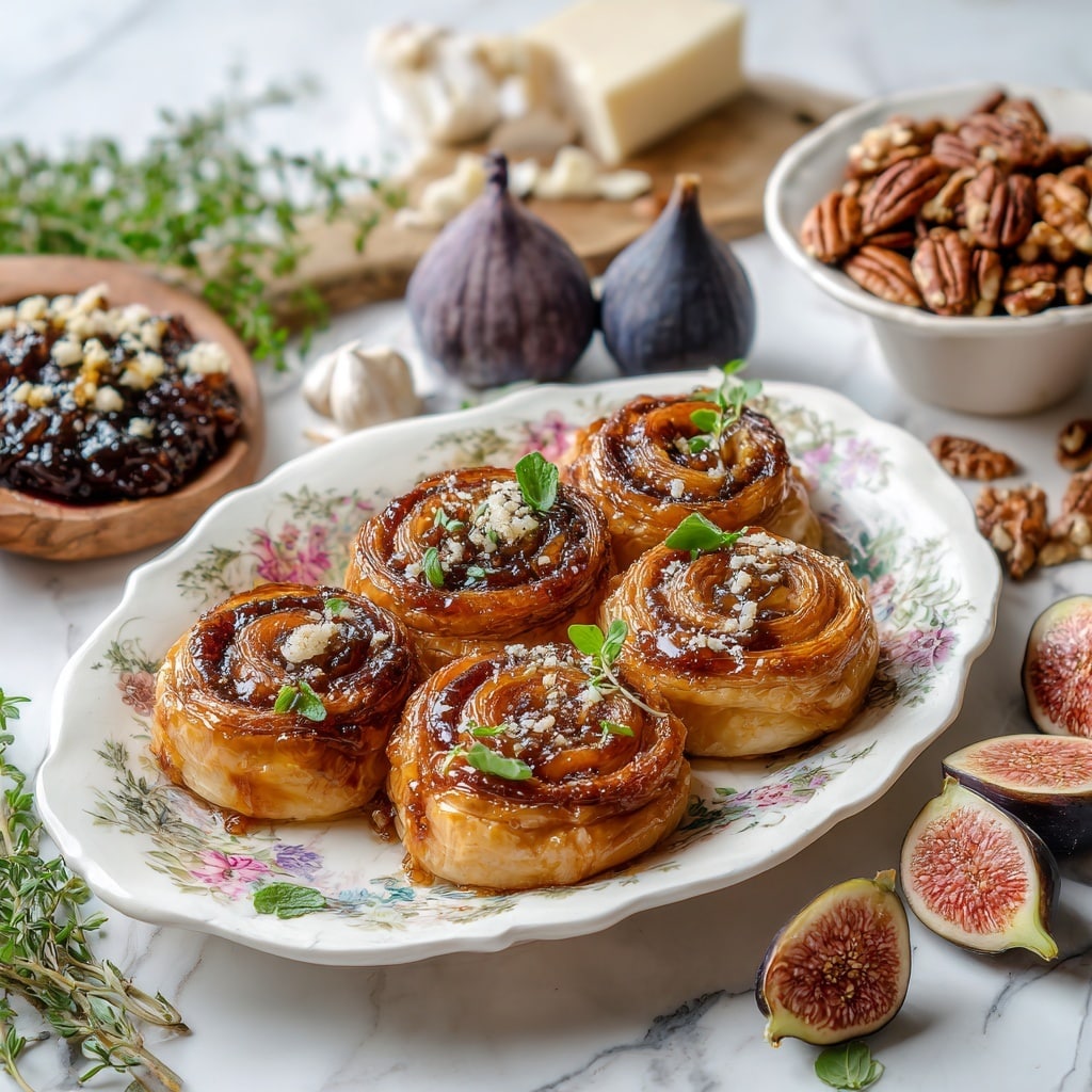 The image shows a white oval plate with a delicate floral pattern holding seven golden-brown phyllo dough rolls, orange in color with caramelized edges and textured with flaky layers, filled with a dark, glossy fig jam and topped with small green herb leaves and crushed nuts. To the right on a white marbled surface, there is a white bowl filled with chopped pecans and a white plate with green floral design holding halved fresh figs with deep purple skins and light pink flesh near a white block of cheese. Whole garlic bulbs and loose herb leaves are scattered nearby, adding a rustic touch. The whole scene is brightly lit, creating a fresh and inviting look photo taken with an iphone --ar 4:5 --v 7