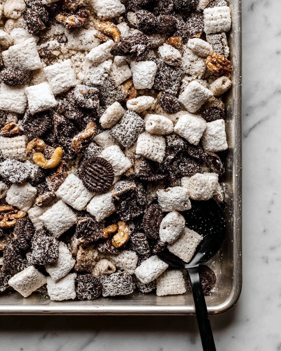 A close-up of a white plate filled with a mix of snack pieces covered in white powder. The snack includes light beige puffed squares, dark brown mini cookie pieces with white cream, and chunkier bits coated with the same white powder, giving a rough texture. The plate is placed on white parchment paper on a white marbled surface, with a black spoon resting on the plate's right side, partially scooping the snack. The scene is bright with soft shadows highlighting the powder dust on each piece. Photo taken with an iphone --ar 4:5 --v 7