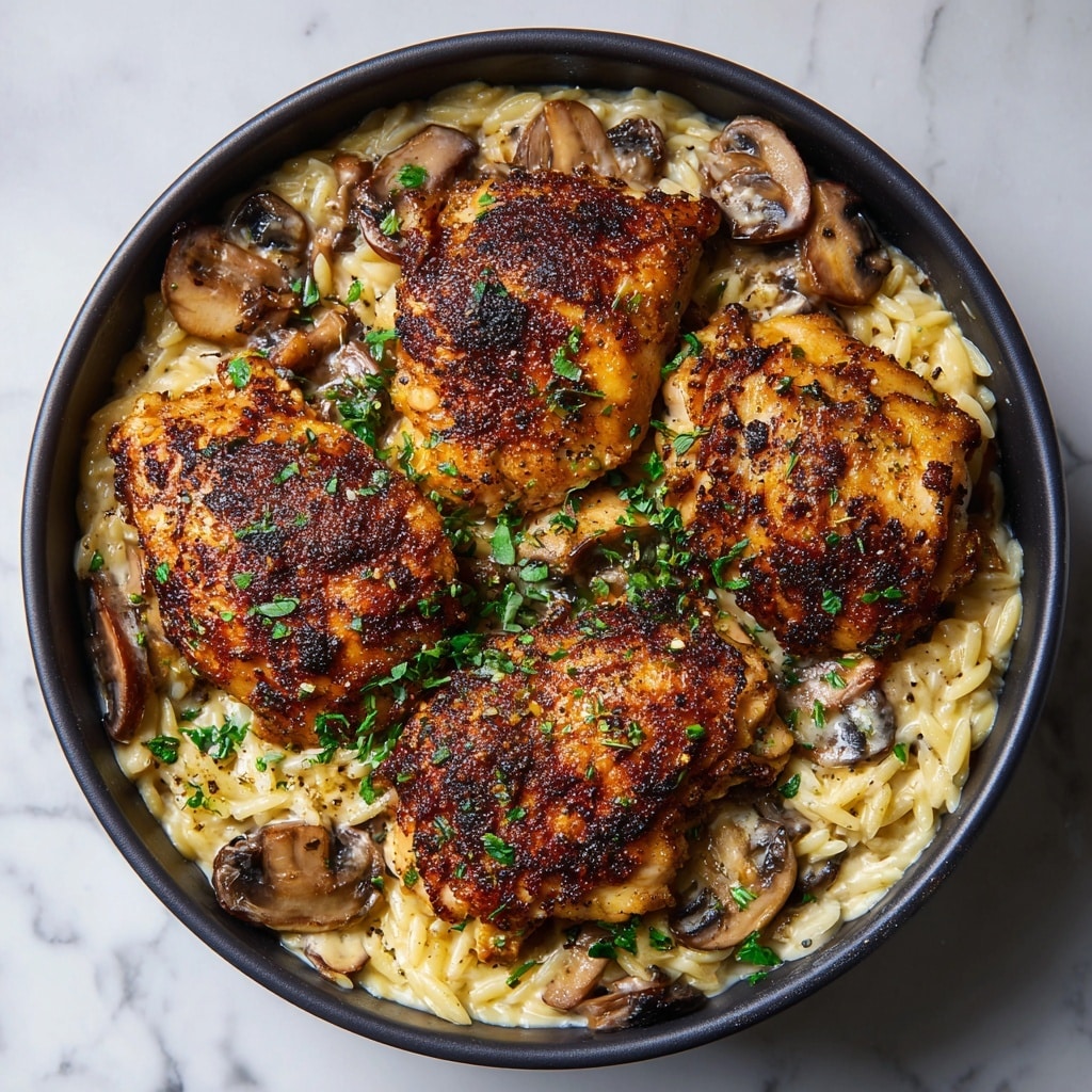 A black pan filled with three golden-brown cooked chicken pieces on top of creamy orzo pasta mixed with sliced sautéed mushrooms of light to dark brown color; small green herb sprigs are scattered evenly over the dish, adding freshness and color contrast. The chicken pieces have a crispy, slightly charred surface with visible seasoning, while the orzo and mushrooms create a textured, creamy base. The background is a white marbled surface. photo taken with an iphone --ar 4:5 --v 7