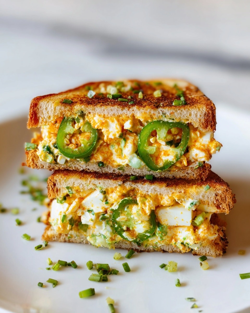 A single toasted white bread slice sits on a white plate with small green herb bits scattered around. On top of the toast is a thick layer of cooked egg salad that is slightly browned and crispy in some spots, showing a mix of soft, fluffy, yellow and white textures. Three thin, translucent green jalapeño rings lay decoratively on the egg salad. The plate rests on a white marbled surface. Photo taken with an iphone --ar 4:5 --v 7