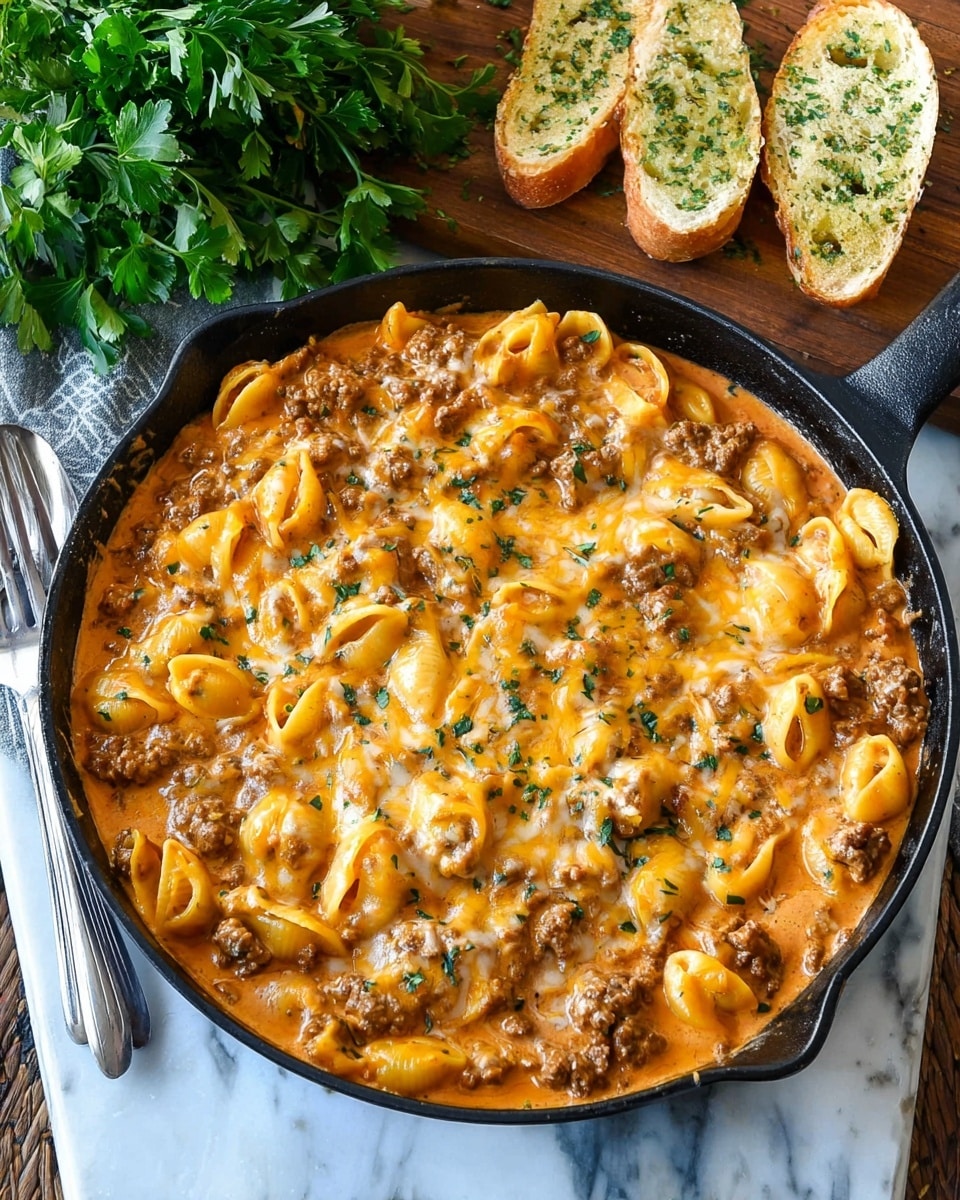 A close-up of a black skillet filled with a creamy, cheesy pasta skillet dish made of small shell pasta. The dish has three main layers: the bottom layer shows cooked pasta shells mixed with ground meat and small green bits, mostly hidden under a thick, melted layer of bright orange melted cheese covering most of the surface. A wooden spoon is lifting some of the creamy pasta mixture from the skillet, showing the texture of pasta and meat mixed with cheese, all sprinkled with small bits of fresh green herbs. The skillet sits on a white marbled surface with a soft white and blue striped cloth nearby. photo taken with an iphone --ar 4:5 --v 7