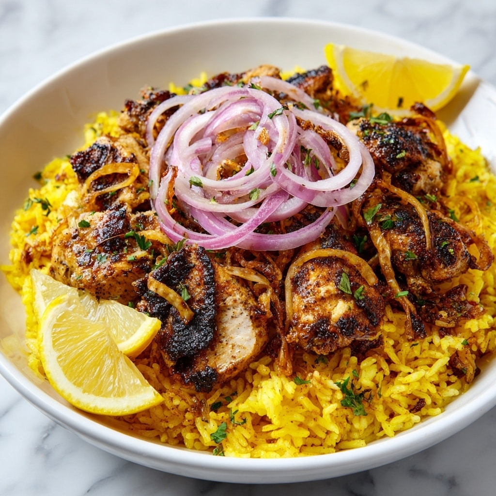 A white plate holds a layered dish starting with a bed of bright yellow rice placed in the center left, next to leafy green lettuce on the top left and a small slice of red tomato at the bottom left. On top of the rice and part of the plate are chunks of grilled chicken pieces, browned with some char marks and a golden texture. On the bottom right side is a creamy beige hummus spread with a smooth texture and slight drizzle of olive oil. A wooden spoon rests on the upper right edge of the plate. The dish is placed on a white marbled surface photo taken with an iphone --ar 4:5 --v 7