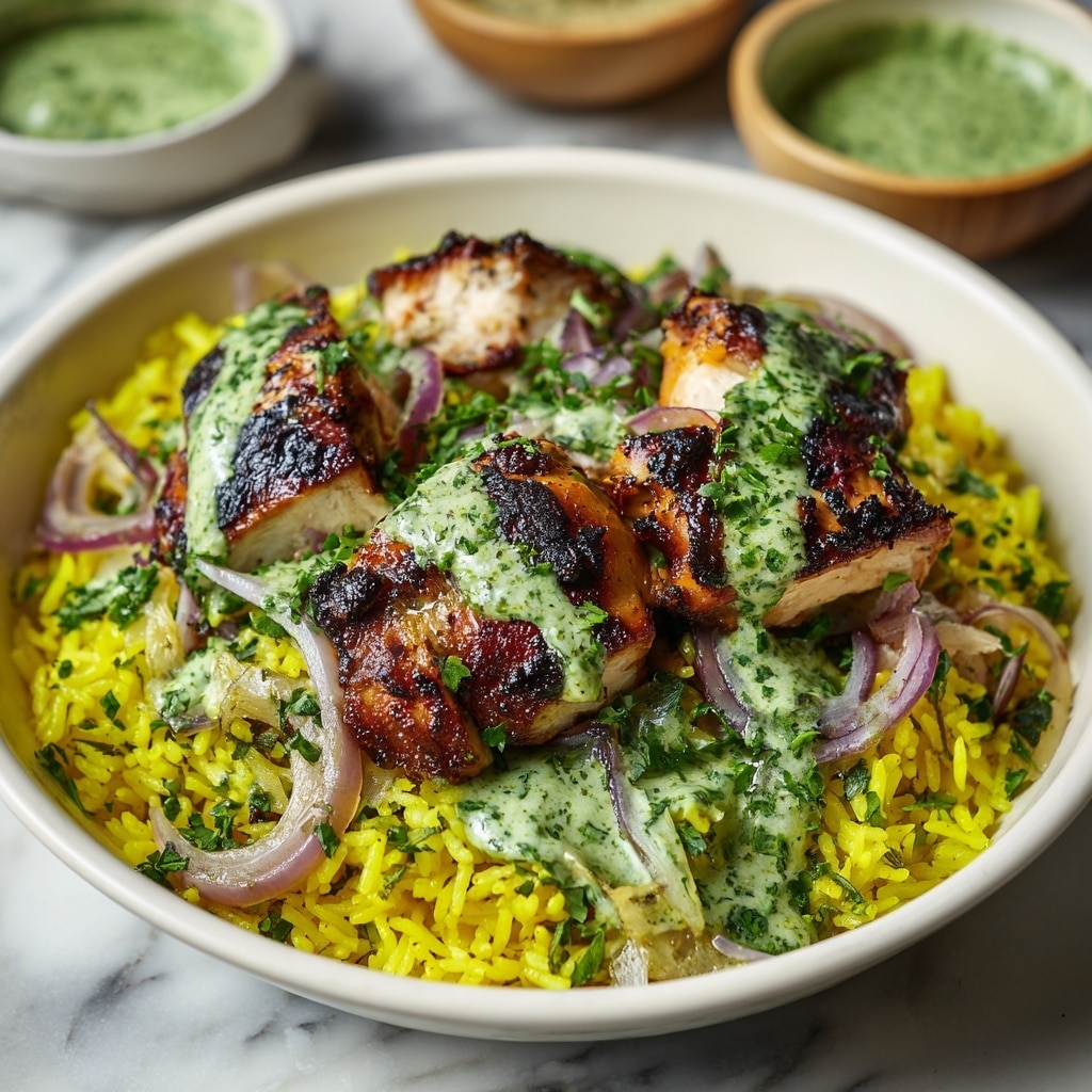 A round white plate filled with a bed of bright yellow rice mixed with green peas, forming the base layer. On top, three grilled chicken pieces with dark char marks and a golden-brown crust are placed evenly across the rice. A creamy light green sauce is drizzled over each chicken piece and a few drops fall onto the rice. Finely chopped fresh green herbs are scattered over the dish. To the side on the plate, a small white bowl filled with more light green sauce, sprinkled with some black pepper, sits partially on the rice. A spoon rests on the plate with some rice and peas on it. The dish is set against a white marbled surface. photo taken with an iphone --ar 4:5 --v 7