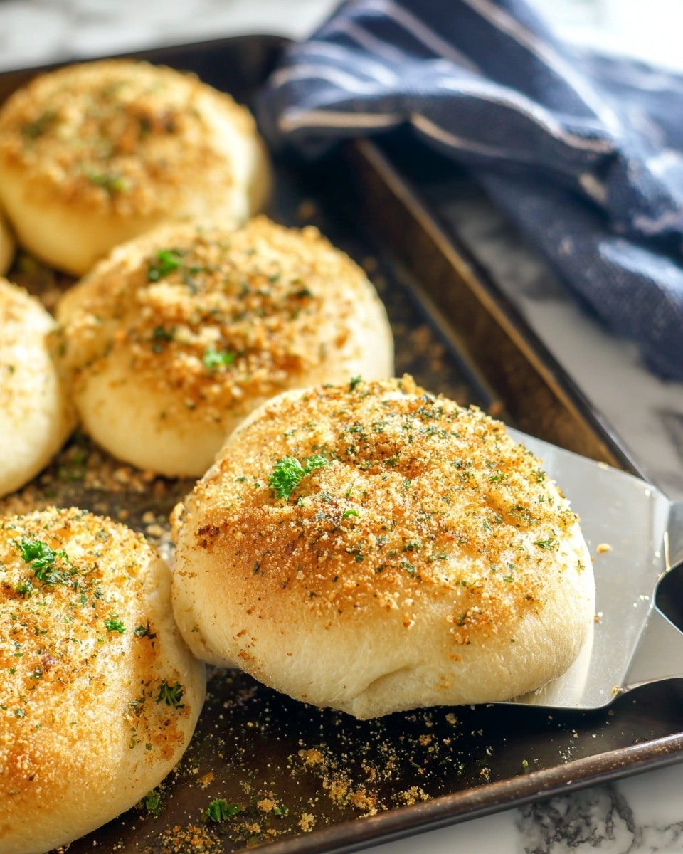 The image shows four round bread pieces topped with a golden brown crumb layer sprinkled with green parsley bits. The bread is soft and slightly puffed with a light beige color under the crumb topping. A silver spatula is lifting one piece on a dark baking tray that rests on a white marbled texture, with a blue and white striped cloth in the background. The bread looks fresh and crispy on top, each piece evenly coated with the crumb and herb mixture. photo taken with an iphone --ar 4:5 --v 7