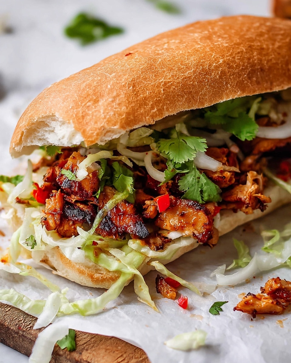 The image shows a close-up of a sandwich on a white crunchy baguette, cut in half horizontally. The bottom layer has grilled chicken slices with char marks, browned and tender inside. On top of the chicken, there is a layer of fresh chopped cilantro leaves mixed with chunks of crispy reddish-brown bacon. Above that, slices of green avocado are placed, along with thin slices of red tomato and a small amount of white sauce peeking through. The top half of the bread bun rests on all the fillings, showing its golden and crispy texture. The sandwich is sitting on a white marbled surface with scattered cilantro leaves around. Photo taken with an iphone --ar 4:5 --v 7