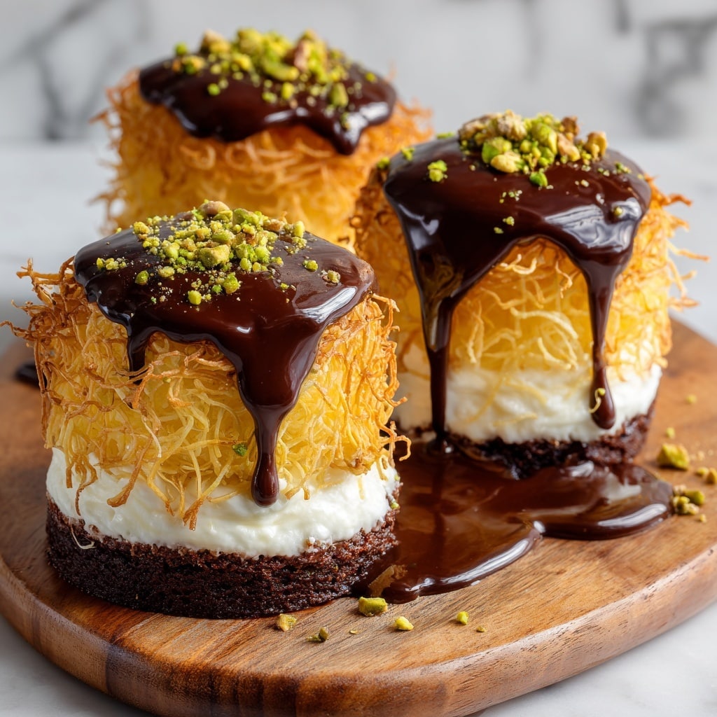 A small, round dessert with three visible layers sits on a wooden board with melted chocolate sauce pooling around it. The bottom layer is a dark, moist cake base, followed by a creamy white middle layer with a soft texture, and the outside is covered by a thin, crispy nest of golden-yellow shredded pastry. Thick, glossy dark chocolate is poured from above, dripping down the sides and topping the dessert, sprinkled with small green crushed pistachios. The background is a white marbled texture. Photo taken with an iphone --ar 4:5 --v 7