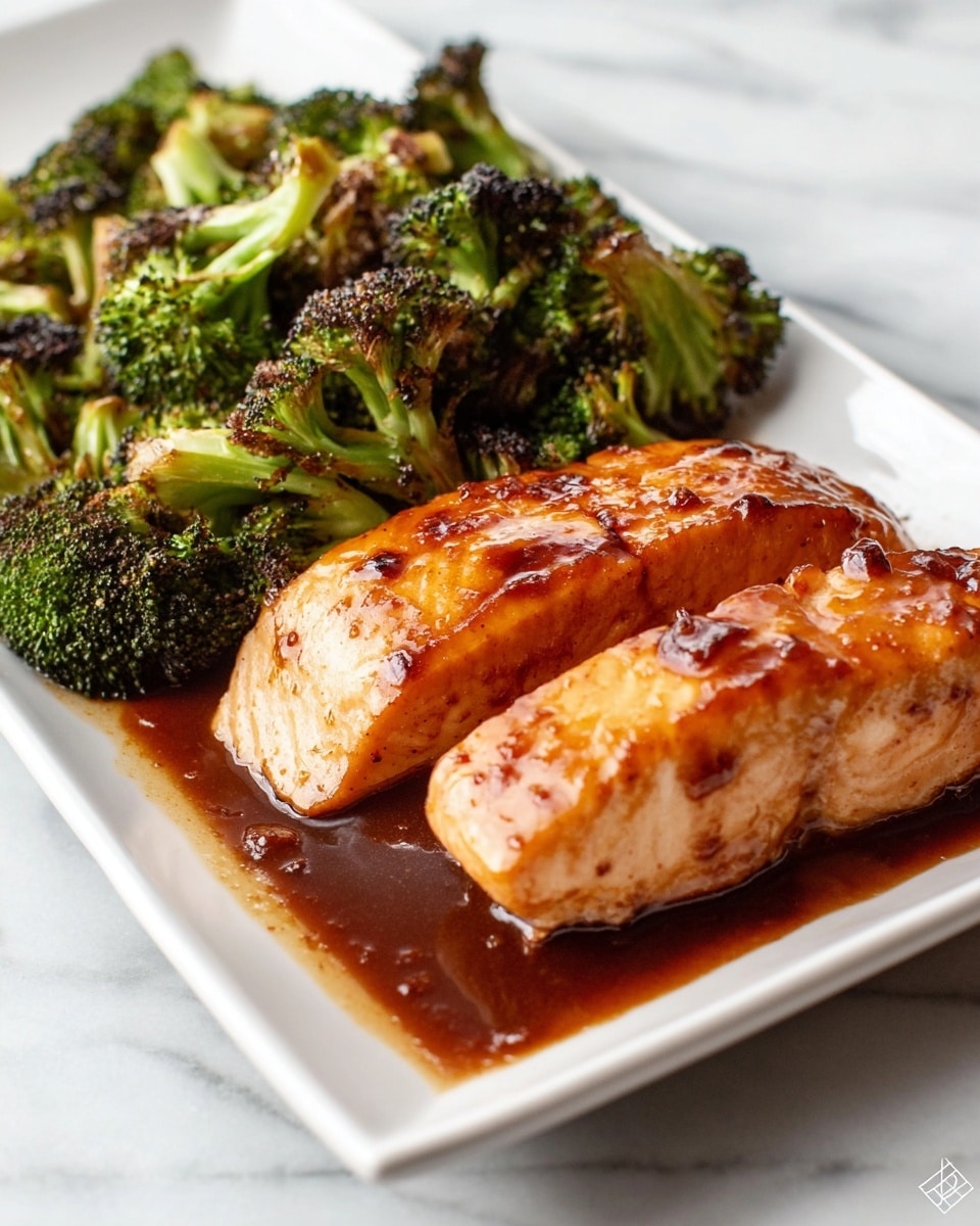 The image shows a close-up of a silver frying pan with two pieces of golden-brown cooked fish topped with a glossy, dark amber sauce. The sauce is thick and gathers at the bottom, covering much of the pan's surface with a shiny texture and tiny bubbles. A silver spoon is resting in the pan, partly coated in sauce. In the corner, there is a white plate holding roasted green broccoli florets with a slight char. The entire scene is set on a white marbled texture. Photo taken with an iphone --ar 4:5 --v 7