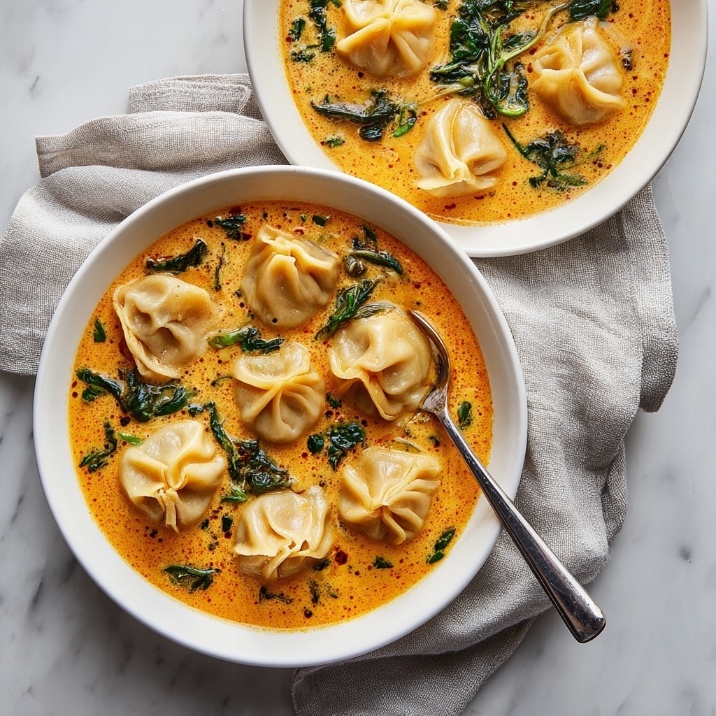 A white bowl filled with a creamy orange soup that has visible small oil droplets on the surface, dotted with green leafy herbs scattered around. Floating on top are seven light beige dumplings, each folded with pleated edges gathered at the center, arranged evenly within the bowl. There are also some wilted dark green spinach leaves partially submerged in the soup. A silver spoon rests on the edge of the bowl, dipping into the soup. The bowl sits on a white marbled surface with a light gray cloth loosely wrapped beside it. Photo taken with an iphone --ar 4:5 --v 7