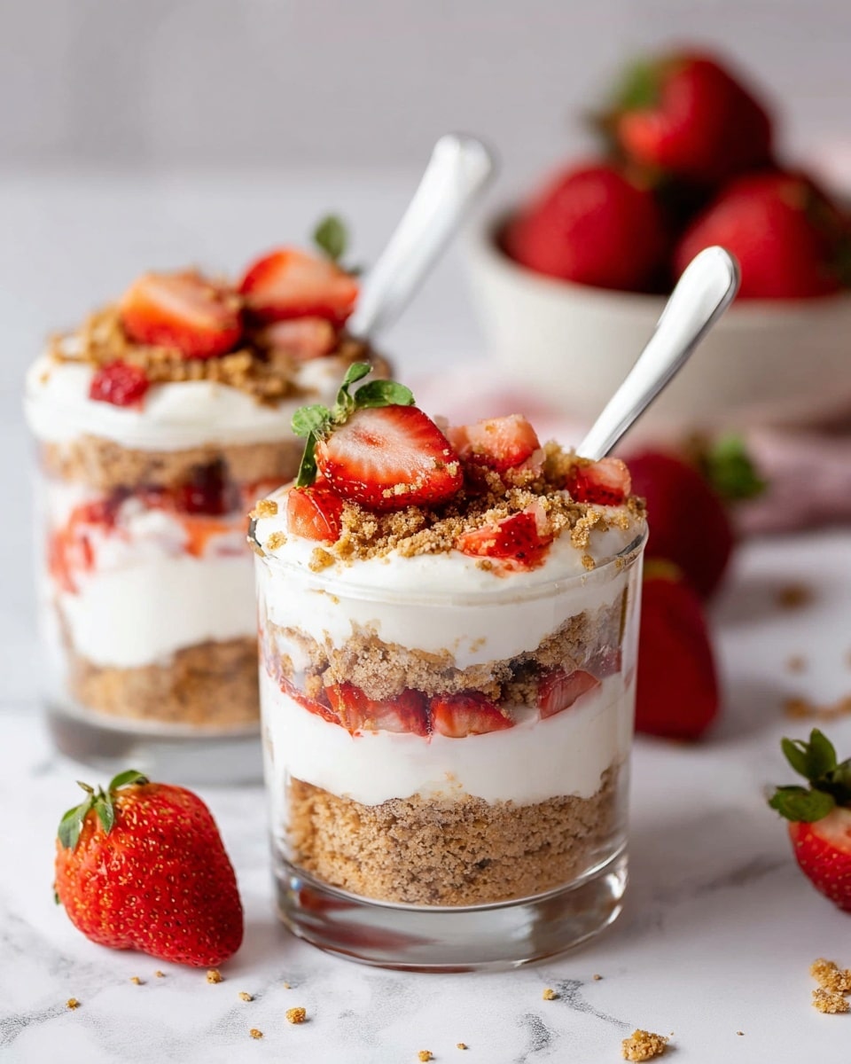 Two clear glass cups filled with a layered dessert resting on a white marbled surface. Each cup has four main layers starting with a light brown crumbly base at the bottom, topped by a thick white creamy layer. Above this is another layer of crumbly texture mixed with small pieces of bright red strawberries. The dessert is finished with a layer of white cream, scattered with more crumbly bits and chopped strawberries on top. One cup has a whole strawberry with its green leaves placed on the cream layer. White spoons are placed in both cups, and a bowl filled with whole red strawberries is blurred in the background. Photo taken with an iphone --ar 4:5 --v 7