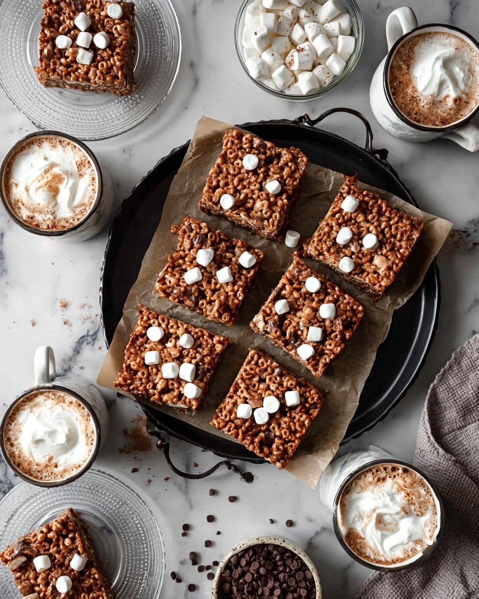 The image shows a black tray lined with light brown parchment paper holding seven square cereal bars with a textured mix of puffed brown grains, chocolate chips, and small white marshmallows scattered on top. Around the tray on a white marbled surface are clear glass plates with similar cereal bars, several small white bowls containing puffed grains and chocolate chips, and white mugs filled with hot chocolate topped with whipped cream. The cereals bars are arranged neatly, with some plates stacked or showing bites taken out. photo taken with an iphone --ar 4:5 --v 7