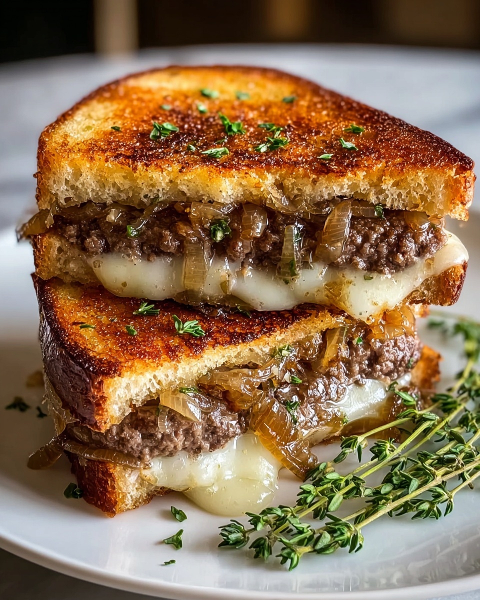 A close-up of a sandwich cut in half and stacked on a white plate, showing three main layers: the top layer is a golden-brown toasted bread slice with a slightly crispy texture; the middle layer is filled with cooked, caramelized onions that are light brown and soft, sitting on top of a well-cooked, crumbly beef patty with a slightly charred surface; the bottom layer is another slice of toasted bread, also golden-brown with some crispy edges. The sandwich looks juicy and hearty, with the onions slightly spilling out over the edges onto the plate, all set against a white marbled surface background. photo taken with an iphone --ar 4:5 --v 7