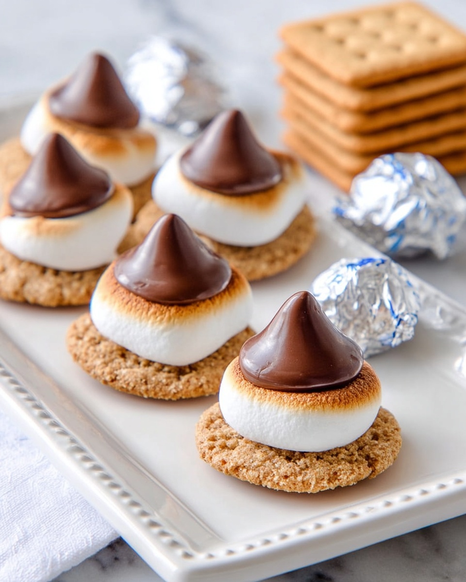 The image shows four small s'mores treats neatly placed in a row on a white rectangular plate with a delicate raised edge. Each treat has three layers: the base is a rough-textured, light brown cookie, topped with a soft, slightly toasted white marshmallow layer that looks fluffy and slightly browned around the edges, and the top layer is a shiny, dark brown chocolate kiss placed in the center of each marshmallow. In the background, there is a small stack of light brown graham crackers and a few silver-wrapped chocolate kisses, all set on a white marbled surface. Photo taken with an iphone --ar 4:5 --v 7