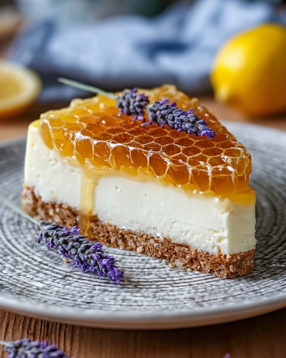 A close-up of a slice of cheesecake on a white plate with a textured gray center, showing three clear layers: crumbly brown crust at the bottom, thick creamy white middle layer, and a shiny golden honeycomb jelly top layer. On the honeycomb layer, there are two small sprigs of purple lavender flowers placed neatly near the edge. The plate is set on a wooden table with a blurred yellow lemon in the background, and a light blue cloth also blurred behind. Photo taken with an iphone --ar 4:5 --v 7