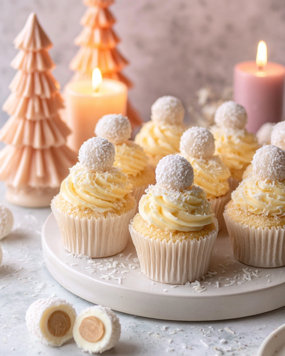 The image shows several vanilla cupcakes arranged on a white marbled surface. Each cupcake has a light yellow cake base wrapped in white paper liners, topped with a swirl of creamy white frosting. On top of each swirl sits a round white chocolate ball covered in tiny white sugar beads. One cupcake is open, revealing a white cream layer in the center with a hazelnut inside. White chocolate shavings and small white sugar beads are scattered around the cupcakes. Photo taken with an iphone --ar 4:5 --v 7