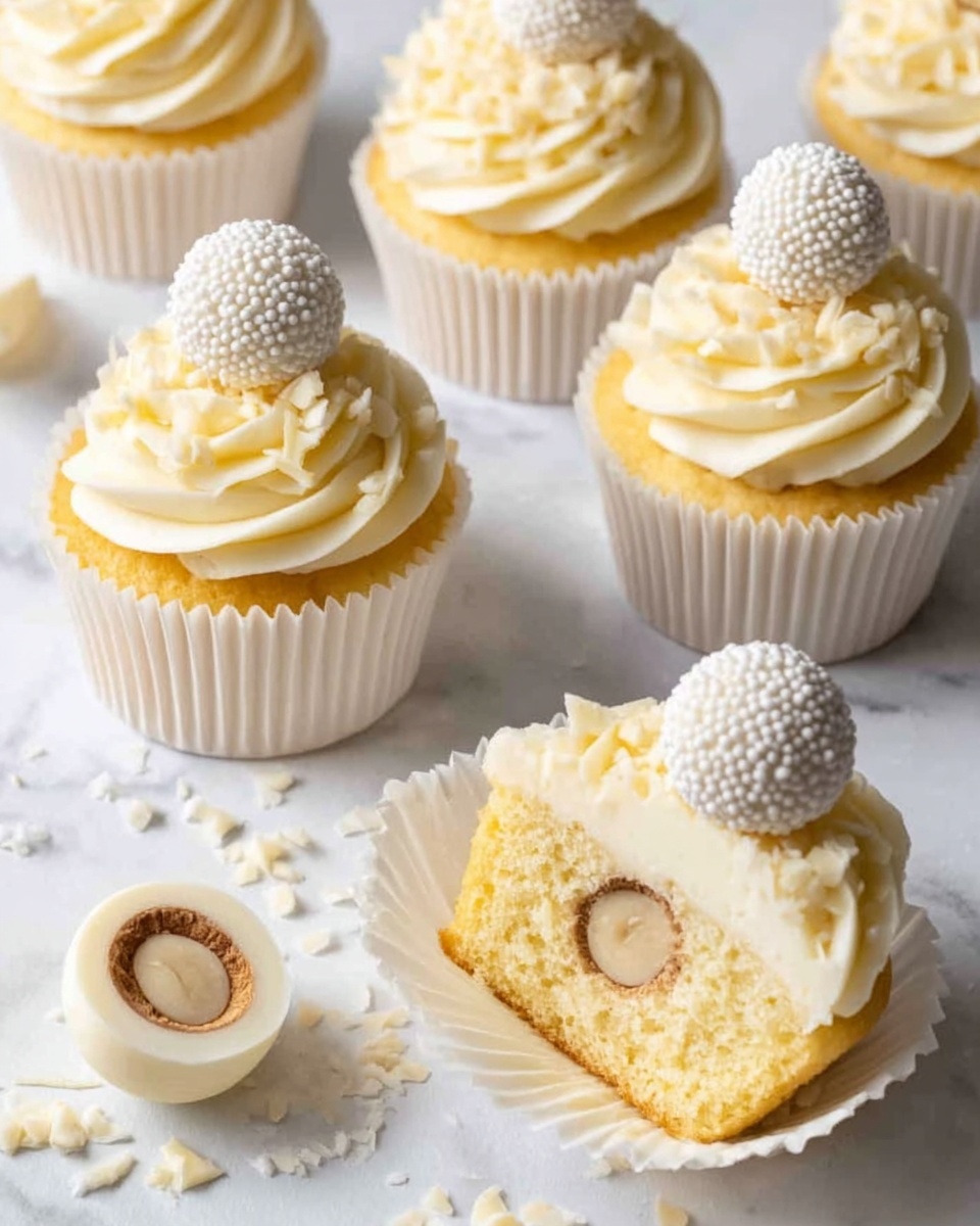 The image shows a group of light yellow cupcakes arranged on a white plate and a white marbled surface. Each cupcake has one swirl of creamy pale yellow frosting on top, sprinkled lightly with white coconut flakes. Sitting on each frosting swirl is a round white coconut-coated candy. Around the plate, there are two cut candies showing a white creamy inside with a small nut center. Behind the cupcakes, two decorative candles shaped like Christmas trees in soft peach and beige colors are lit, creating a warm and cozy atmosphere. photo taken with an iphone --ar 4:5 --v 7