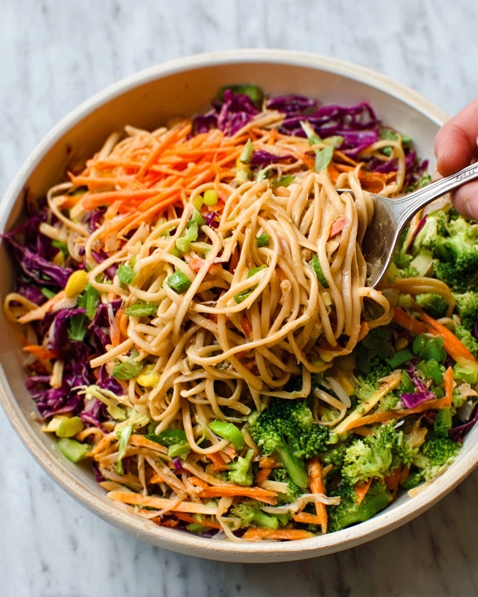 The image shows a close-up of a bowl filled with a colorful noodle salad. The salad has three main layers: the bottom layer is made of light brown noodles, thick and glossy, filling most of the bowl; the middle layer features chopped green broccoli and bright orange shredded carrots, adding fresh and crisp textures; the top layer includes small pieces of purple cabbage and a few carrot sticks, giving a pop of color. A shiny metal spoon is placed inside the bowl, resting on the noodles and vegetables, with a woman's hand holding the spoon from the side. The bowl is white, and the background is a white marbled texture. photo taken with an iphone --ar 4:5 --v 7