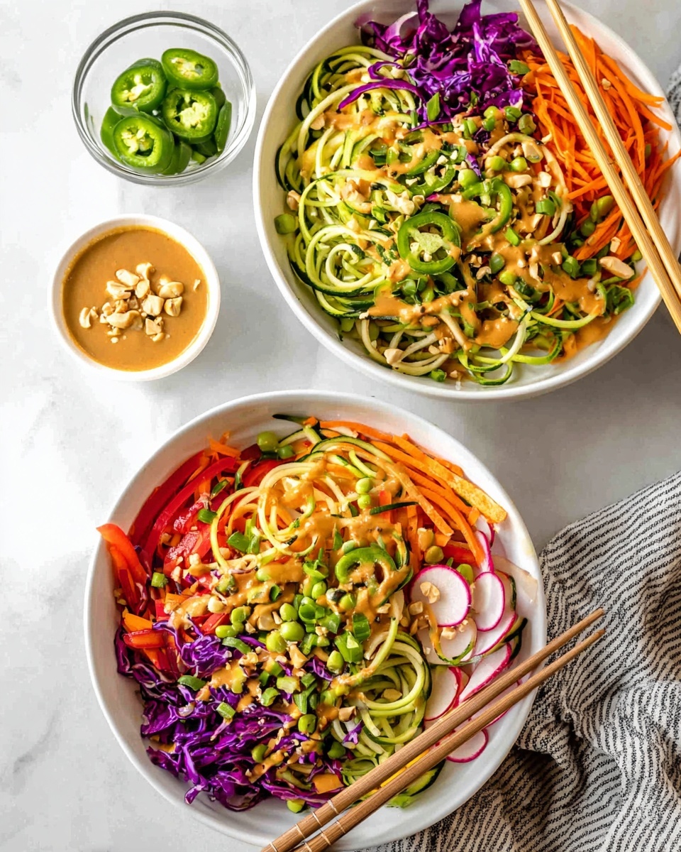 Two white bowls filled with fresh, colorful vegetable salads sit on a white marbled surface. Each bowl has layers of spiralized green zucchini noodles, shredded bright orange carrots, thinly sliced red bell peppers, shredded deep purple cabbage, and thin round slices of radish along the edges. There are scattered bright green edamame beans and sliced green jalapeños on top, all drizzled with a creamy light brown dressing and sprinkled with chopped peanuts and green onion pieces. Wooden chopsticks rest inside each bowl. Nearby, a small white bowl holds more of the same light brown dressing topped with crunchy bits, while two small clear glass bowls contain sliced green jalapeños and chopped peanuts. A striped gray and white cloth is partially visible next to the bowls. photo taken with an iphone --ar 4:5 --v 7