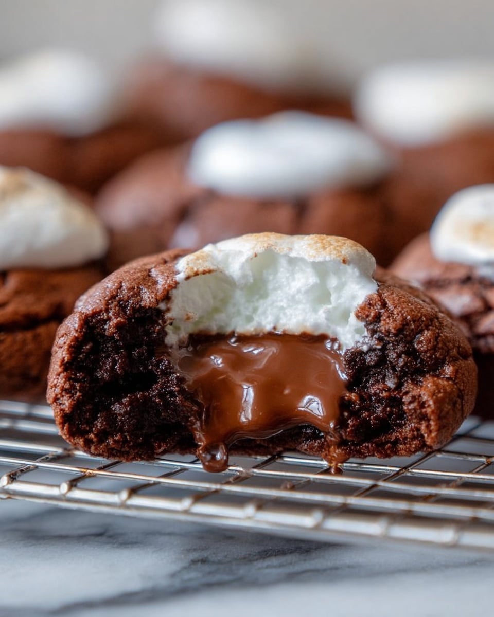 A stack of three thick, round chocolate cookies with cracked surfaces sits in the middle of a white plate, each separated by a smooth, white marshmallow layer, forming a total of five layers. Around the plate are small chunks of dark chocolate and some loose marshmallows, one partially melted on a cookie lying flat next to the stack. In the background, there is a red mug with white polka dots and a polar bear face design, set against a white marbled surface, adding a cozy, festive feel. The photo is taken close-up with a shallow depth of field showing details in the cookies’ texture, marshmallows, and chocolate pieces. photo taken with an iphone --ar 4:5 --v 7