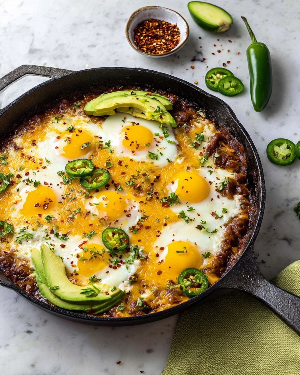 A white baking dish holds a layered breakfast casserole with five sunny, bright yellow egg yolks surrounded by evenly cooked white egg whites, each positioned in a separate section. The base layer is a rich, reddish-brown sauce mixed with small bits of cooked meat, topped with a thick layer of melted orange cheddar cheese covering most of the dish. Slices of fresh green jalapeño peppers and scattered fresh green cilantro leaves are evenly spread across the top, adding vibrant color and freshness. A metal spoon is digging into one corner, showing the dense texture of the baked layers inside. The dish sits on a white marbled surface with a blue cloth partially visible nearby. Photo taken with an iphone --ar 4:5 --v 7