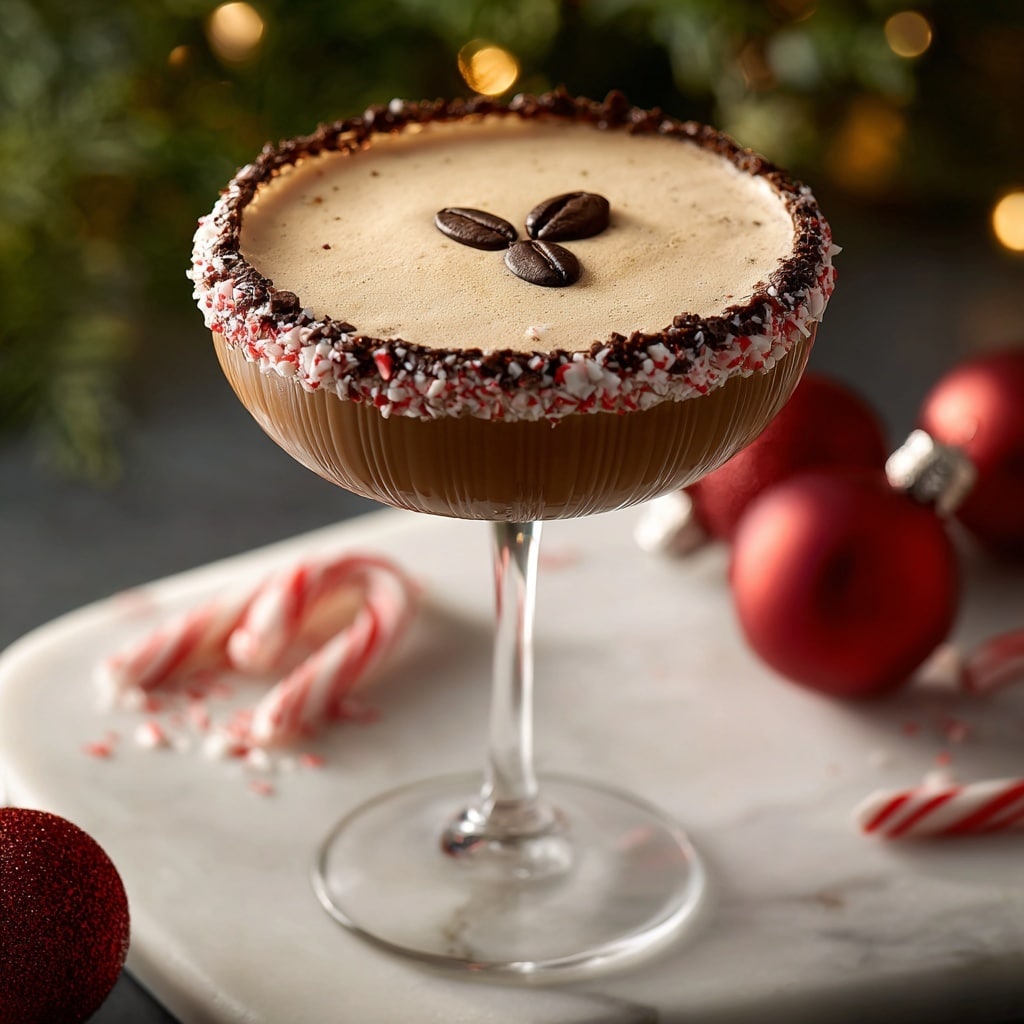 A creamy light brown drink fills a ribbed, white coupe glass with a tall clear stem, with a frothy top layer that has three dark brown coffee beans arranged near the center. The glass rim is coated with dark chocolate and studded with crushed red and white peppermint pieces, creating a festive border. The drink sits on a white marbled surface, surrounded by small red Christmas ornaments and pieces of candy canes, with soft warm lights and blurred green foliage in the background. Photo taken with an iphone --ar 4:5 --v 7