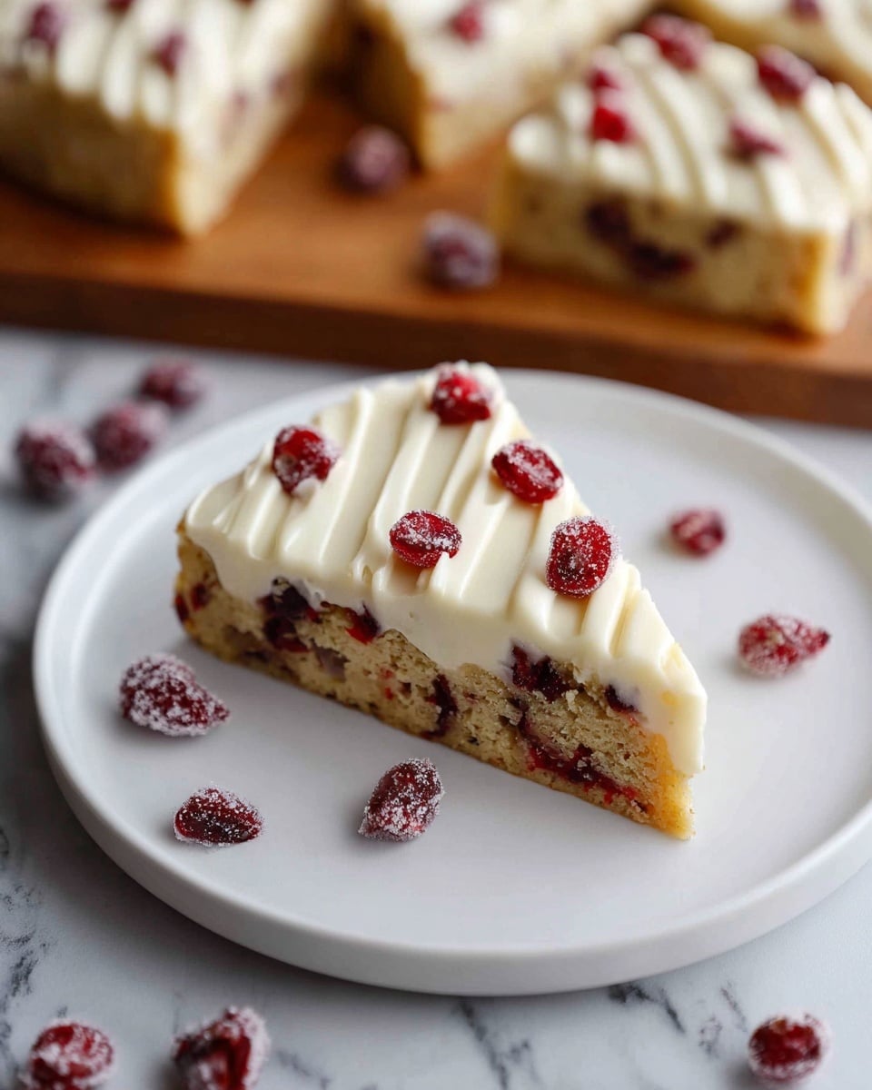 A single triangular slice of a dessert bar sits on a white plate, showing two layers: a thick, light golden-brown base filled with visible red dried cranberries and a smooth white frosting layer on top. The frosting is decorated with diagonal white icing stripes and dotted with whole red cranberries. Some sugared dried cranberries are scattered on the plate near the dessert. In the blurred background, more pieces of the same dessert rest on a wooden board on a white marbled surface. photo taken with an iphone --ar 4:5 --v 7