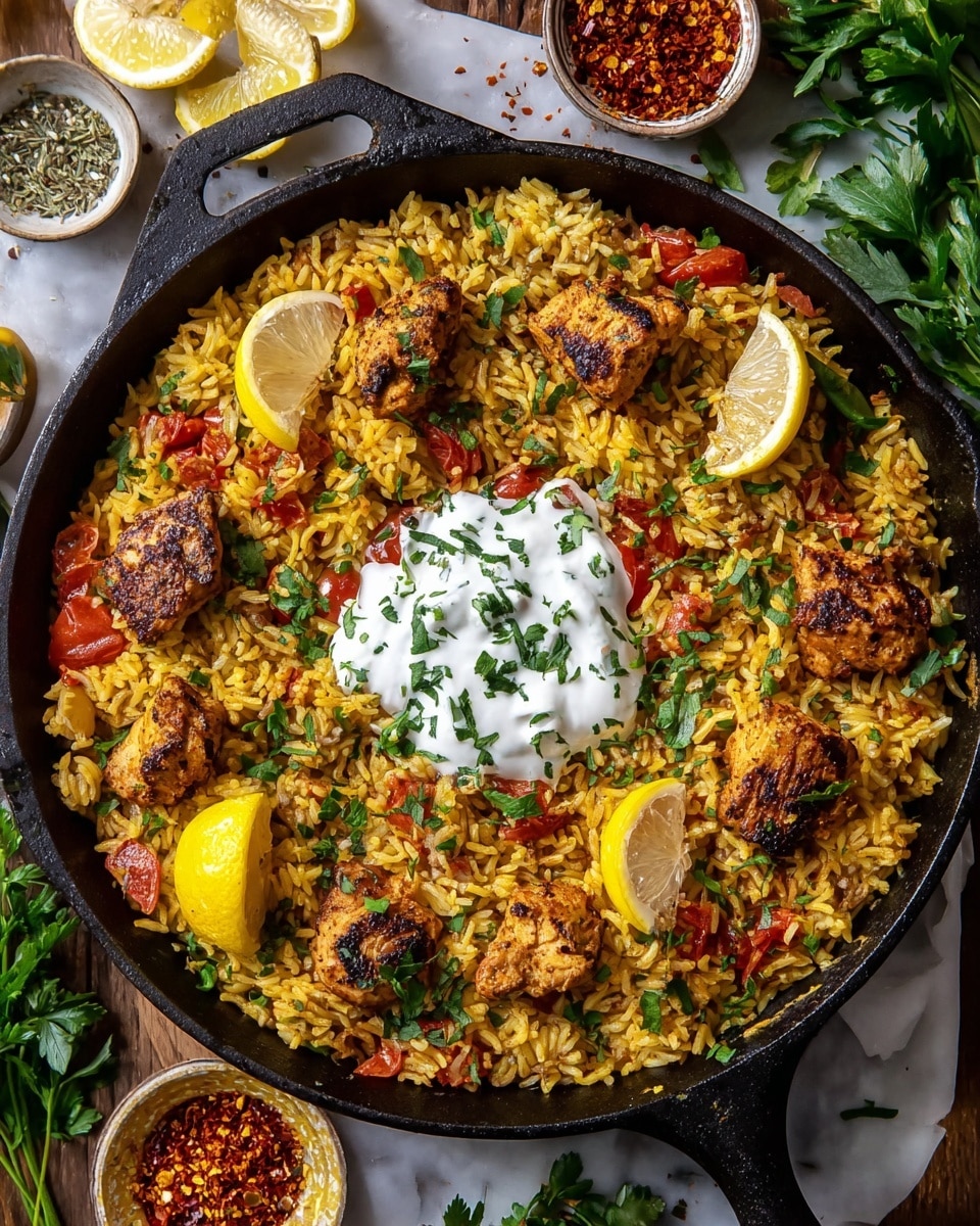 A black skillet filled with a single layer of golden-yellow cooked rice mixed with small red tomato pieces, topped with several chunks of browned, grilled chicken scattered evenly around. Yellow lemon wedges are placed on the rice edges, and a dollop of white creamy sauce with green herbs sits in the center, sprinkled with chopped fresh green parsley all over. The skillet is placed on a white marbled surface with fresh green herbs and lemon halves around it, accompanied by small bowls of red chili flakes and more white sauce. Photo taken with an iphone --ar 4:5 --v 7