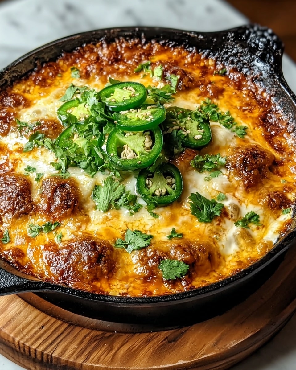 The dish is a baked casserole shown in a black cast iron skillet, placed on a wooden surface. The casserole has a golden brown melted cheese layer on top with some crispy browned spots. Scattered across the cheese are small bright green cilantro leaves, adding fresh color contrast. In the center, there is a dollop of white sour cream topped with several slices of green jalapeño peppers and more cilantro leaves, creating a fresh, spicy look. The black skillet and wooden base add a rustic feel, while the white marbled background keeps the focus on the food. Photo taken with an iphone --ar 4:5 --v 7