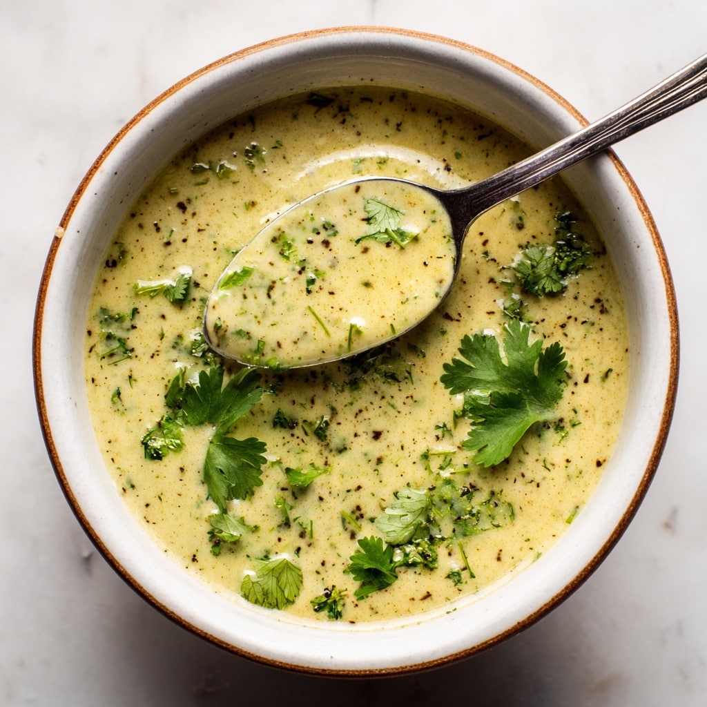 A close-up top view of a white ceramic bowl filled with a creamy yellow-green sauce that has small green herb flecks spread evenly throughout, placed on a round wooden coaster on a white marbled surface. A silver spoon rests inside the bowl on the right side, partially submerged in the sauce. Around the bowl, there are fresh green cilantro leaves scattered loosely on the white marbled background. The lighting highlights the smooth, slightly textured surface of the sauce with herb bits visible throughout. photo taken with an iphone --ar 4:5 --v 7
