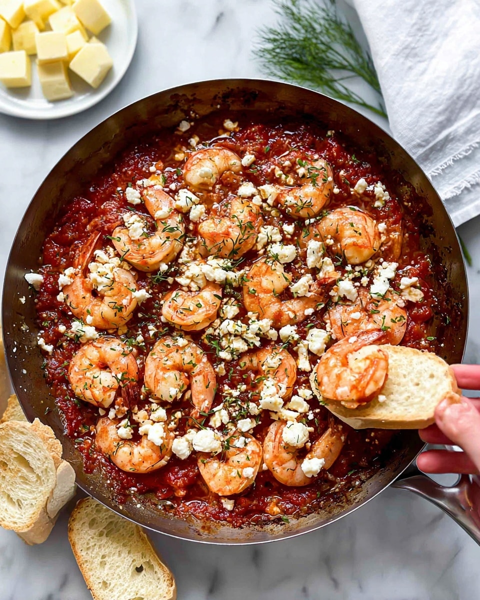 In a pan on a white marbled surface, there is a dish with a base layer of chunky, thick red tomato sauce, topped with a single layer of large, cooked shrimp that are pink and slightly shiny. Scattered over the shrimp are small white crumbles of cheese and sprigs of green herbs. Around the pan, pieces of white bread are placed, and a woman's hand is holding one piece of bread with a shrimp and cheese on top. In the background, there is a small white plate with yellow butter cubes. photo taken with an iphone --ar 4:5 --v 7