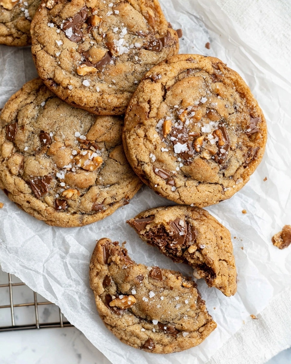 A close-up top view of four round cookies with a golden brown color and slightly cracked texture, three whole cookies stacked with some overlapping and one cookie broken in half showing its soft inner texture, small chunks of nuts and chocolate embedded throughout the cookies, sprinkled with flakes of coarse salt on top, all placed on white parchment paper over a cooling rack and a white marbled surface beneath. Photo taken with an iphone --ar 4:5 --v 7