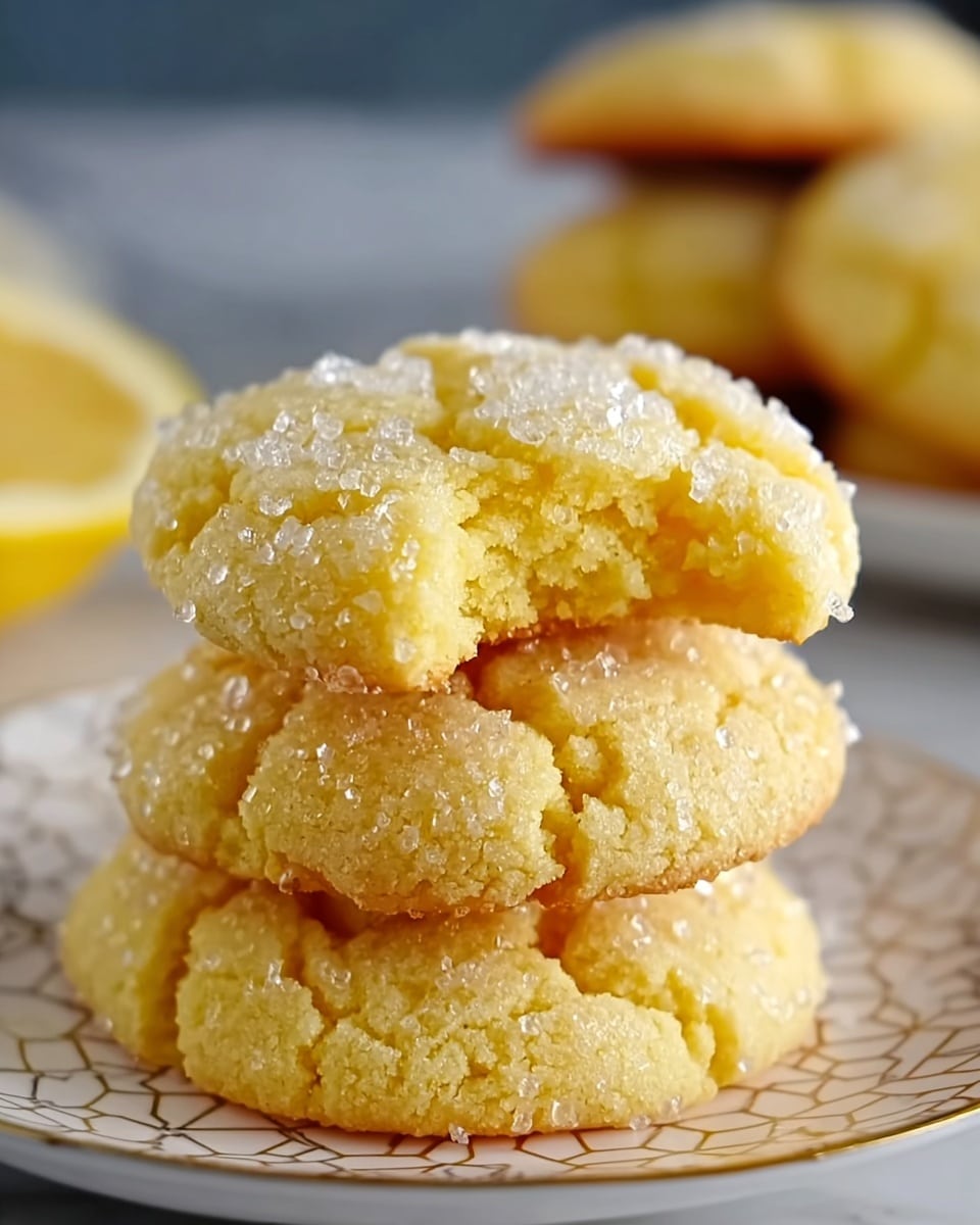A close-up of a stack of soft yellow cookies with cracked tops, sprinkled generously with coarse sugar crystals that sparkle under the light. There are three cookies stacked on a white plate with a subtle geometric pattern, and more cookies are visible blurred softly in the background on a white marbled surface. The cookies have a slightly rough texture with uneven edges, showing a tender and crumbly inside. Photo taken with an iphone --ar 4:5 --v 7