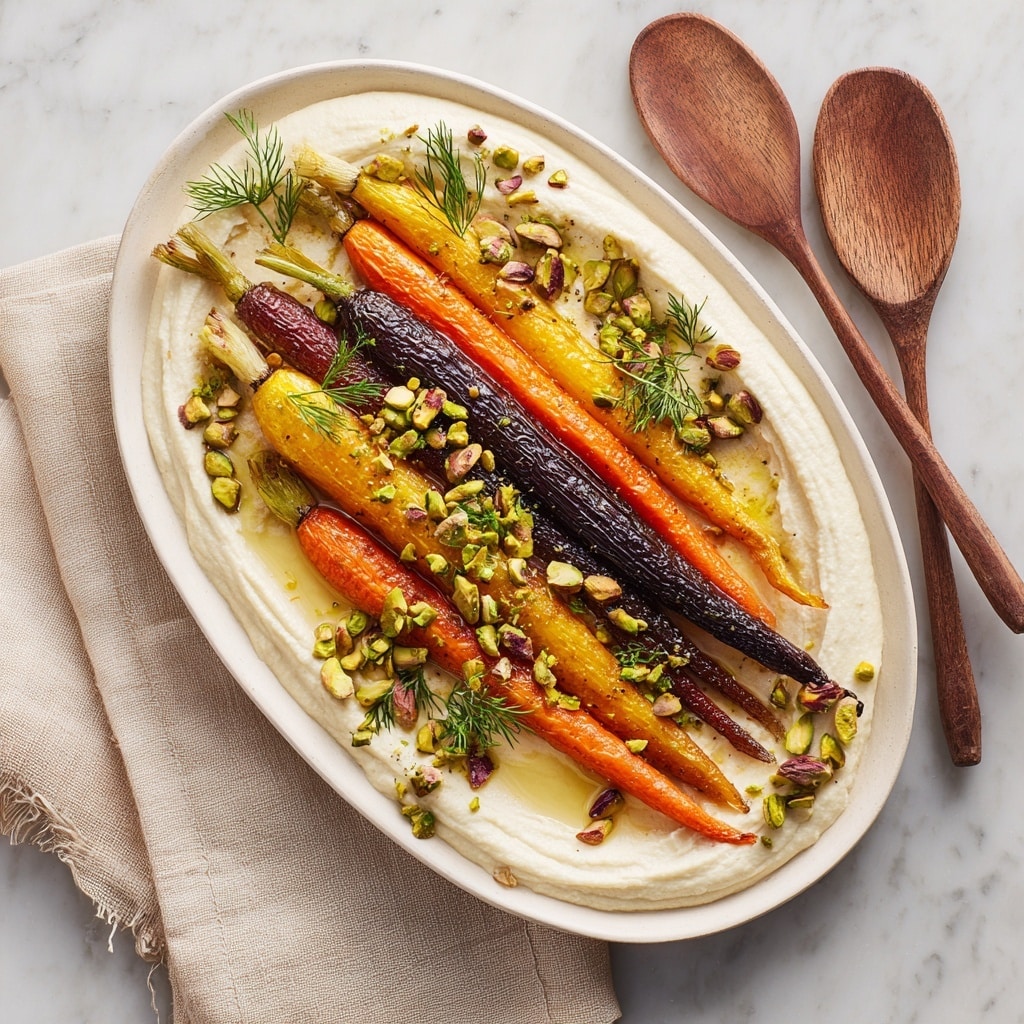 A white board holds an arranged dish with three clear layers: the bottom layer is a spread of smooth white cream sauce, thickly covering the board's surface; above it are several roasted carrots, bright orange with dark char marks, laid parallel and close together; the top layer is a generous sprinkle of roughly chopped green and brown pistachio nuts, scattered unevenly across the carrots and cream, with some nuts fallen around the edges. The dish is set on a white marbled surface with a beige cloth napkin next to it, on top of which lie two wooden salad utensils, one flat and forked and the other rounded. photo taken with an iphone --ar 4:5 --v 7